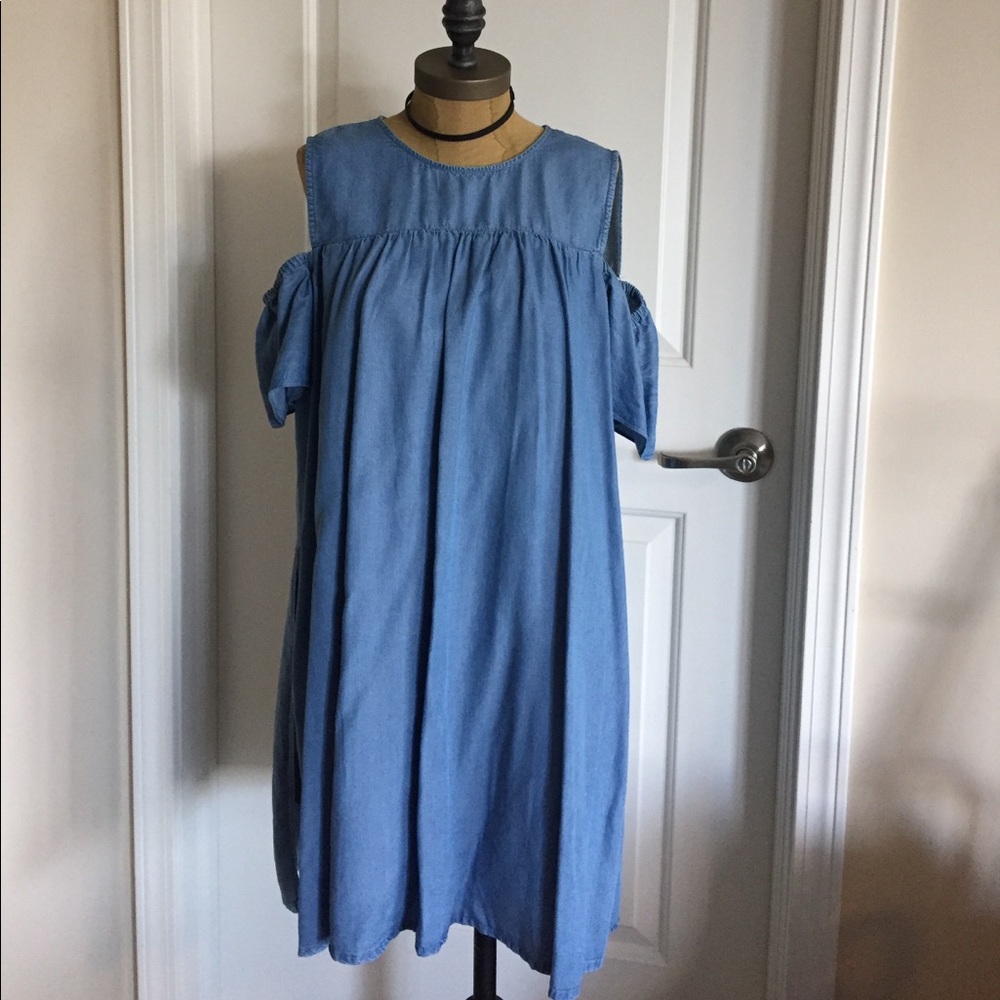 Zara Light Blue Cold-Shoulder Denim Dress